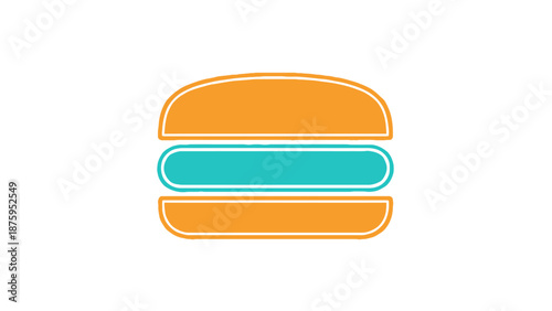 Minimalistic icon of a burger with bun and patty in bright colors.