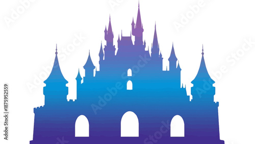 Silhouette of a fairy tale castle with multiple towers and spires.