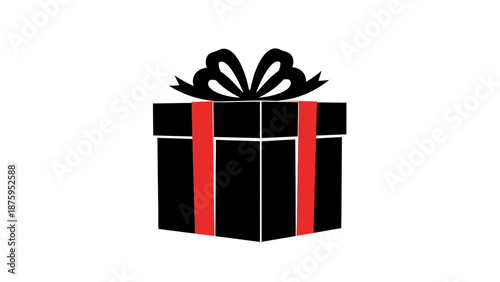 Black and red gift box with decorative bow on top isolated on white background.