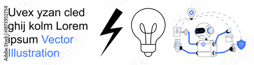 Artificial intelligence, innovation, energy, robotics, technology solutions, creativity. Robot with tools, lightbulb lightning bolt. Innovation and artificial intelligence conceptual