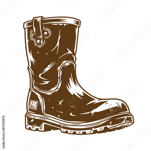 Drawing Vintage Brown rubber rain boot with buckle and thick sole isolated on white background