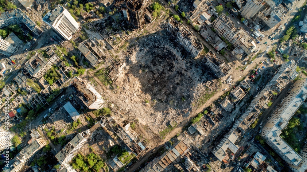 Fototapeta premium Aerial view showing city destruction and war devastation