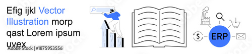 Business management, data analysis, ERP systems, enterprise solutions, learning resources, digital tools. Scene includes a person analyzing growth charts, open book and ERP-related icons. Business