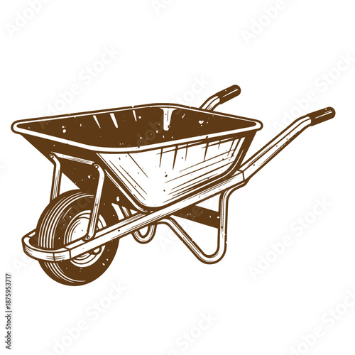 Drawing Vintage Brown wheelbarrow illustration on white background  single gardening tool for construction or landscaping tasks