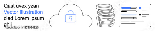 Cloud computing, data protection, financial systems, document management, cybersecurity, digital storage. A cloud with a lock, stacked coins and a data form. Cloud computing and data protection