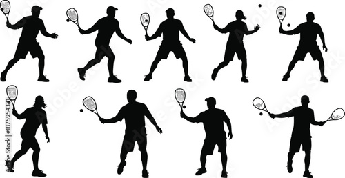 Black silhouette vector illustration set of professional tennis players in action, athletes hitting ball with rackets, isolated sports icons on white background,