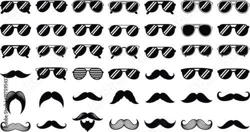 Collection of stylish sunglasses and mustache silhouettes, retro aviator glasses icons, various facial hair styles for barbershop branding, hipsters and fashion vector illustration.