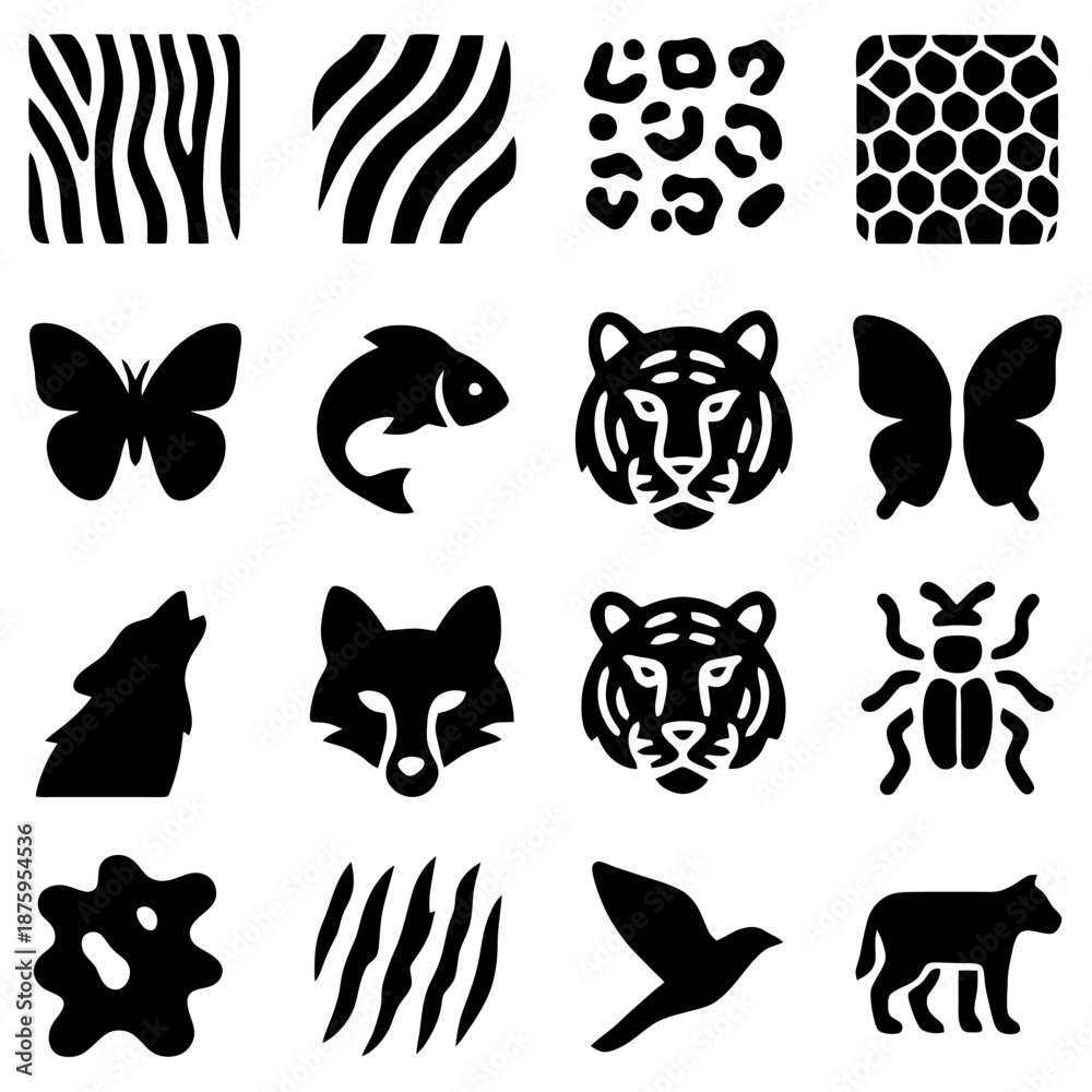Fototapeta premium Wild Animal Icons: A collection of diverse animal silhouette icons, representing the untamed beauty of the animal kingdom.