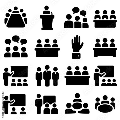 Illustrative Icons of Group Communication: A collection of illustrative icons showcasing various forms of meetings and communication within a team or group, designed for clarity and visual appeal.