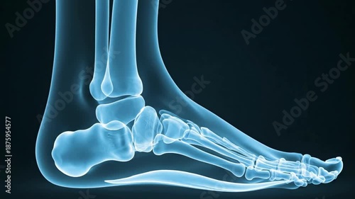 Close up of a human foot skeleton x-ray on a dark background.