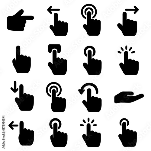 Touch Interaction Icons: An engaging array of sleek, monochrome icons illustrating a spectrum of touch gestures essential for intuitive user interface design, representing seamless navigation