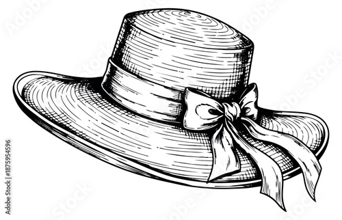 Line art illustration of a women's straw hat depicting a ribbon bow for a summer accessory