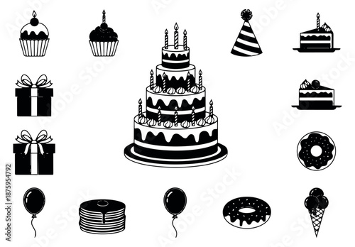 Modern line art party desserts and icons set featuring a birthday cake, cupcakes, gift boxes, and balloons for celebrations and special occasions