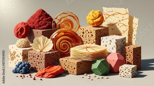 An assortment of colorful and textured culinary creations, including sweets, fruits, and spices, artfully arranged on a neutral background