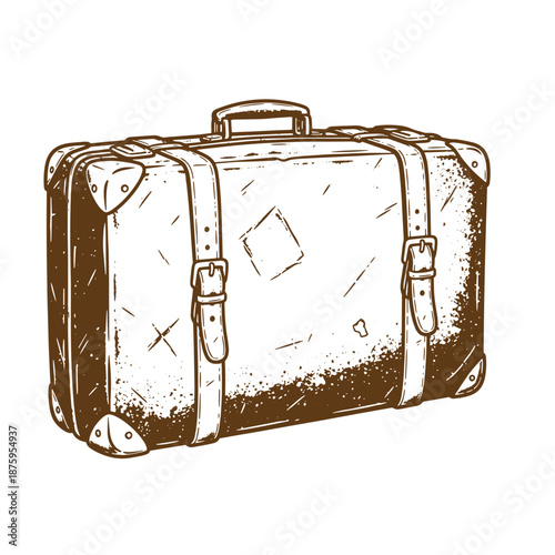 Drawing Vintage Vintage luggage travel suitcase with leather straps and handle  old fashioned travel bag with buckles and scratches