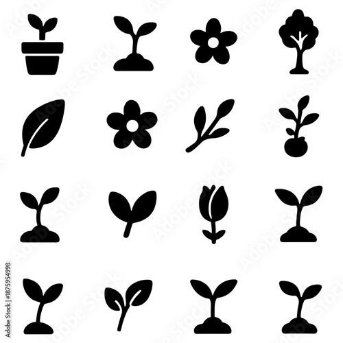 Growth and Blooming: A collection of meticulously crafted icons portraying the various stages of plant growth, from the sprouting of seeds to the blooming of flowers.