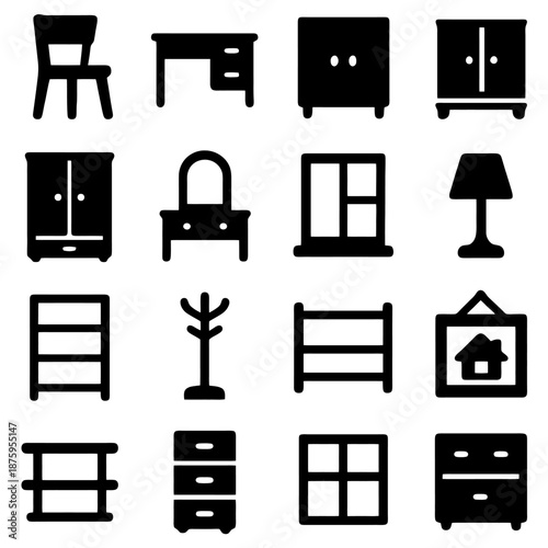 Interior Design Icon Collection: A comprehensive compilation of furniture and decor icons, offering a versatile resource for interior design projects and related visual content.