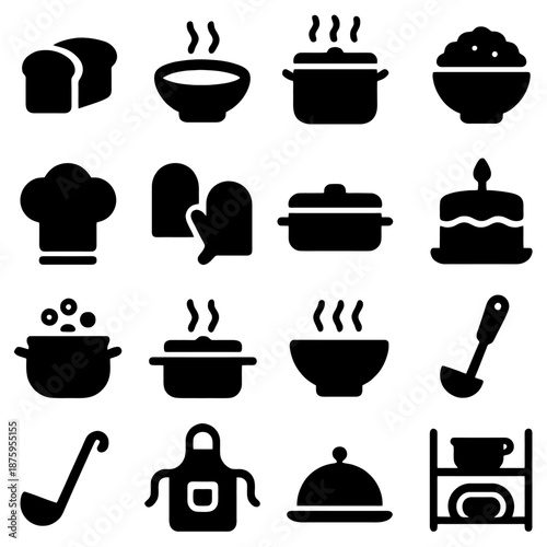 Culinary Delight: A collection of meticulously crafted icons showcasing the fundamental elements of cooking and food preparation, embodying a minimalist aesthetic.