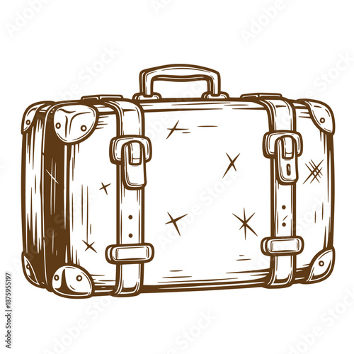 Drawing Vintage Vintage travel suitcase with scratches and buckles  old luggage with handle and straps