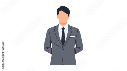 Professional businessman in a gray suit standing confidently with arms behind his back for corporate visuals