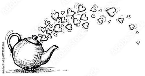 Hand drawn line art illustration of a teapot depicting pouring hearts for love concepts