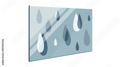 Digital illustration of raindrops on a glass surface, featuring soft blue hues and abstract design elements.