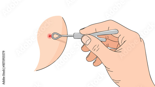 Hand holding surgical instrument performing dermatological procedure on skin with lesion removal tool