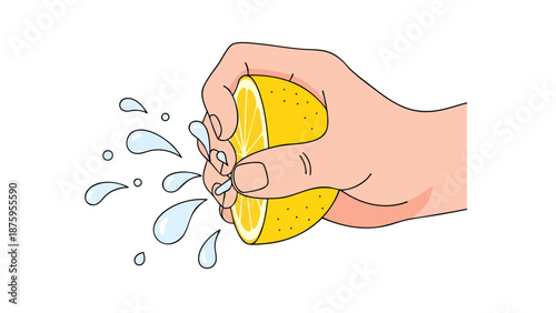 Close-up of a hand squeezing a fresh lemon to extract juice in a vivid illustration.