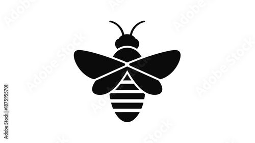 Simple black and white bee icon with geometric wing and body design.
