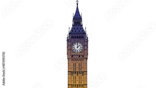 Iconic clock tower known as Big Ben in London against white background.