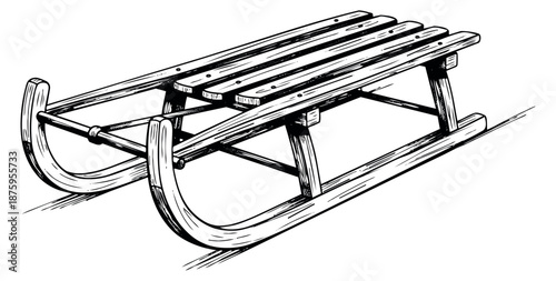Hand drawn line art illustration of a wooden sled depicting readiness for winter fun