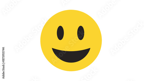 Yellow smiling face emoji with black eyes and mouth on white background.