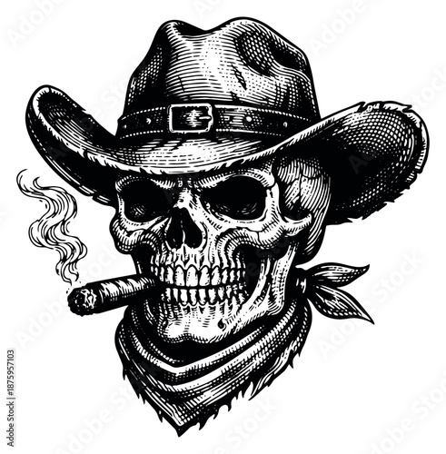 Hand drawn line art illustration of a skull wearing a cowboy hat and bandana depicting smoking a cigar for a western theme