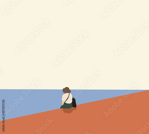 Woman traveler sit lonely near river enjoying beautiful creating serene atmosphere outdoors on summertime.
