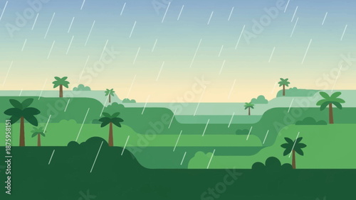 Tropical landscape with palm trees in the rain at dusk.