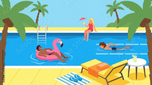 Relaxing Summer Day by the Pool with Palm Trees and Inflatable Toys.