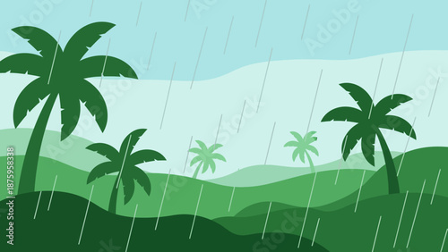 Tropical landscape with palm trees in the rain.
