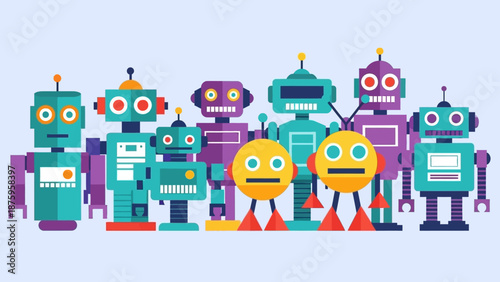 Colorful cartoon robots and smiling emoticons standing together in a friendly group.