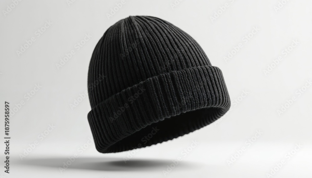 Fototapeta premium Black ribbed knit beanie mockup for fashion, winter wear, or casual style. Blank headwear allows for custom brand logo or design. Versatile accessory for winter season.