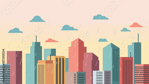 Colorful cityscape with rain clouds and modern skyscrapers.