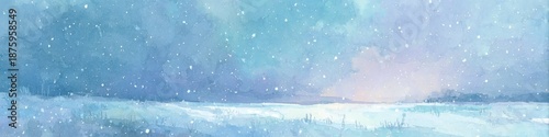 青を基調とした雪原の冬風景 水彩イラスト