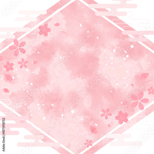 桜の手描き風の和風ひし形フレーム_背景なし_正方形