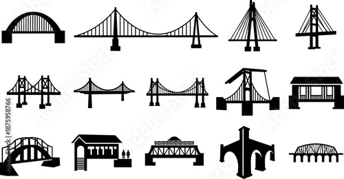 A collection of eleven different silhouette illustrations of various bridges from around the world arranged in a row