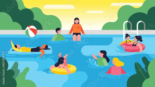 People enjoying a leisurely swim in a vibrant pool.