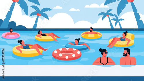 Group of people relaxing on inflatables in a tropical swimming pool.