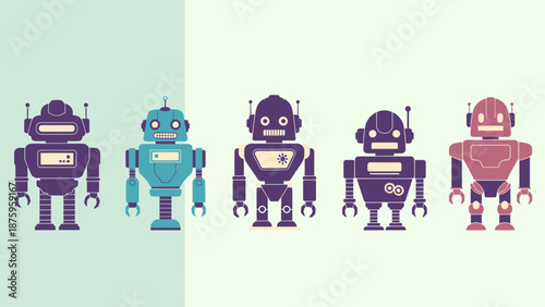 Colorful robots standing in a row on a split background.