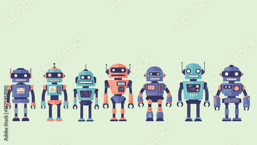 Colorful robotic figures standing in a row on a light green background.