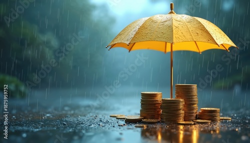 Gold coin stacks rest on wet ground beneath yellow umbrella. Rain falls heavily, creating puddles on dark surface. Money protection concept under stormy weather, financial security.