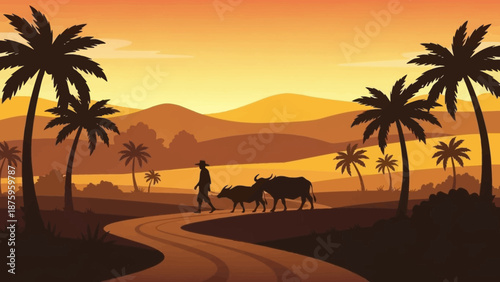 Serene tropical landscape with a shepherd and cattle at sunset.
