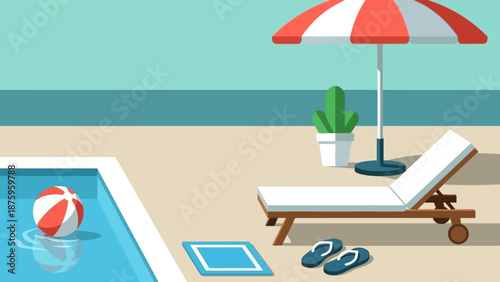Relaxing summer scene by the pool with lounge chair and umbrella.